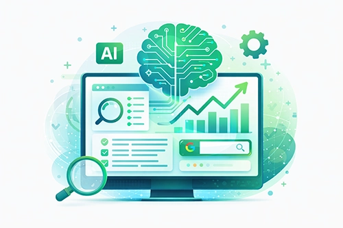 AI-SEO illustration showing keyword analysis and optimization graphics for Fern Web.