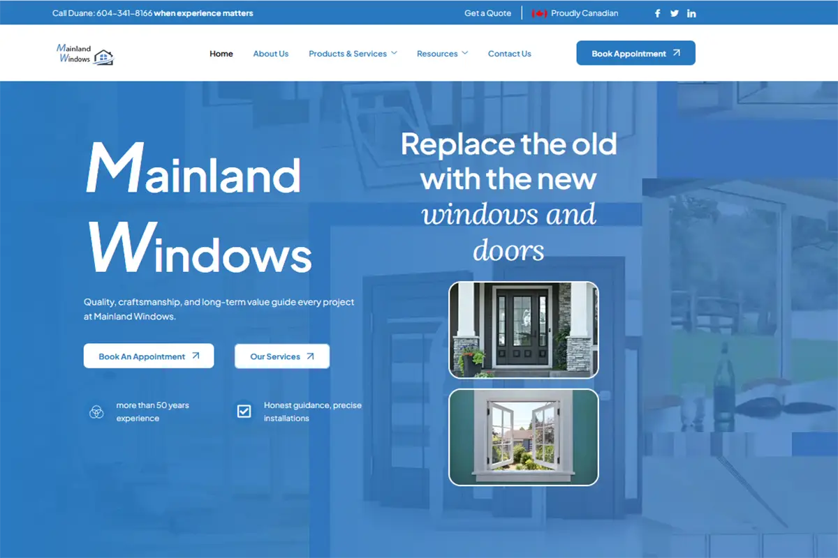 Mainland Windows website redesign and AI-driven SEO layout created by Fern Web.