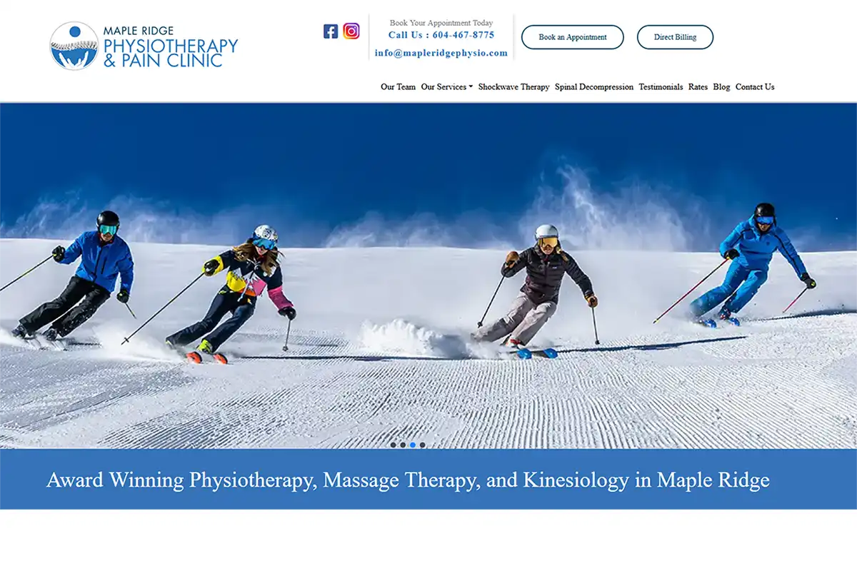 Maple Ridge Physiotherapy and Pain Clinic website featuring physiotherapy, massage therapy, and kinesiology services in Maple Ridge