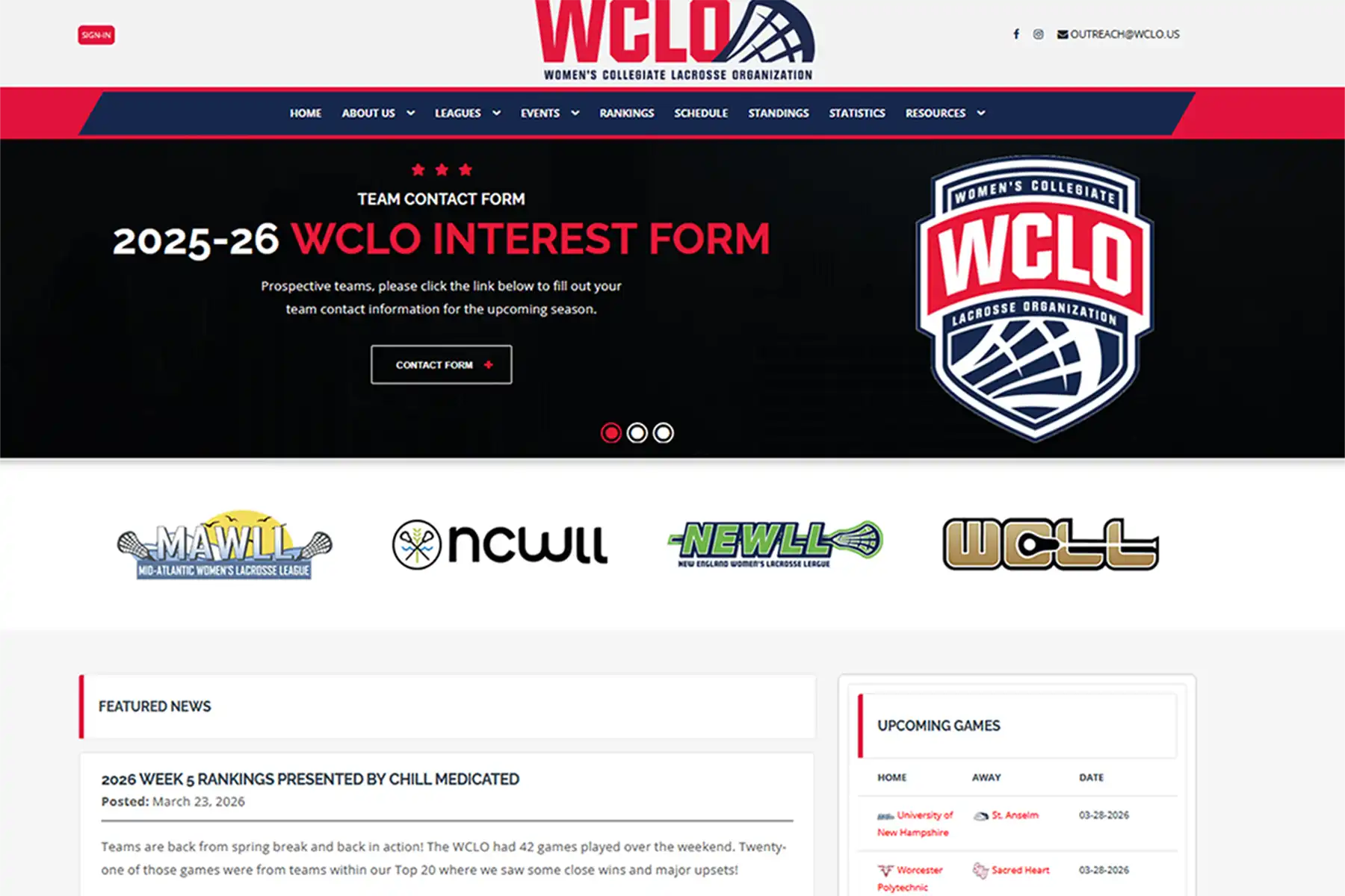 WCLO and WWLL lacrosse league statistics website featuring schedules, standings, and player data