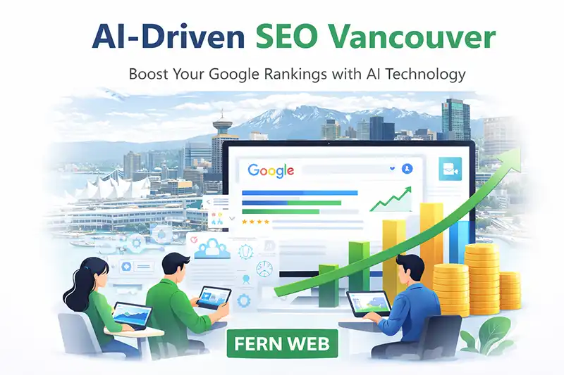 AI-driven SEO Vancouver illustration showing Google search ranking growth and website performance improvements with Fern Web