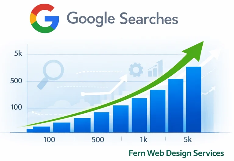 Google search growth infographic showing increasing website traffic with Fern Web Design Services branding
