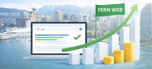 Google SEO growth illustration with Vancouver skyline showing website ranking improvements using Fern Web AI-driven SEO services