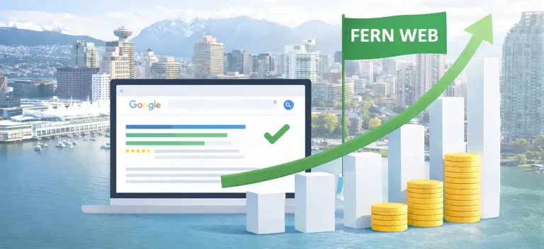 Google SEO growth illustration with Vancouver skyline showing website ranking improvements using Fern Web AI-driven SEO services