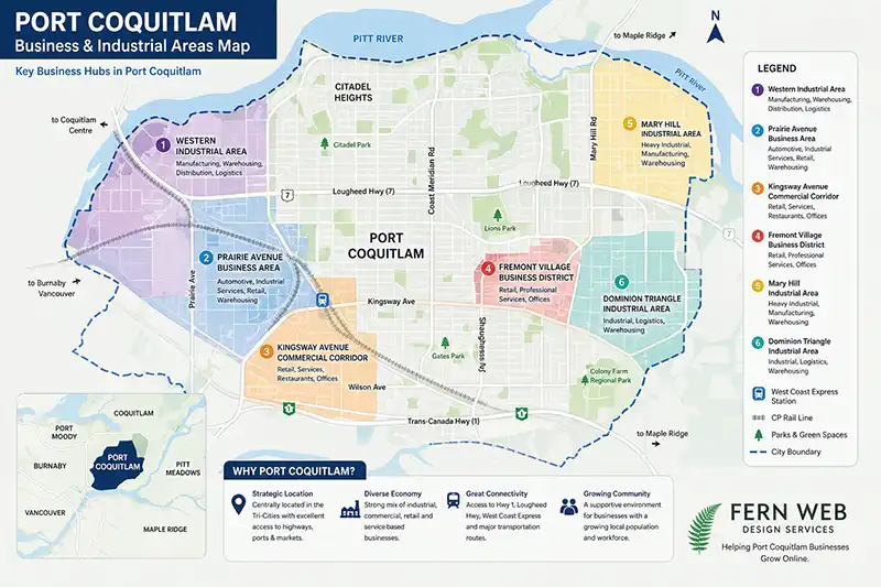 Map of Port Coquitlam highlighting business districts and industrial areas including Fremont Village, Prairie Avenue, and Mary Hill industrial zone