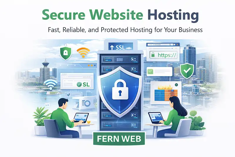 Secure website hosting illustration showing server security, SSL protection, and website safety for Vancouver businesses by Fern Web