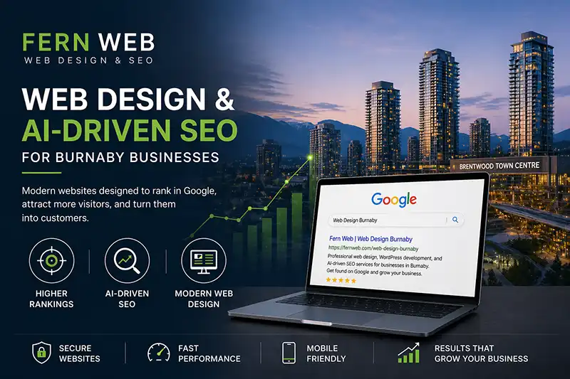 Web design Burnaby and AI-driven SEO illustration showing Google ranking growth and website development by Fern Web