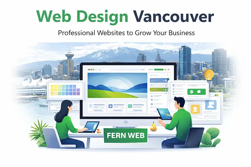 Web design Vancouver illustration showing website development and business growth with Fern Web services